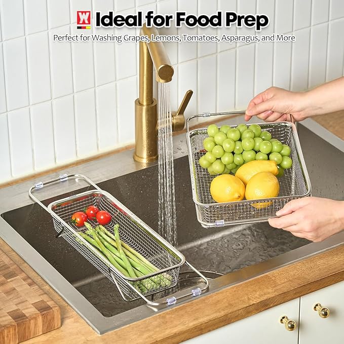 Extendable Dish Rack with Feet, Vegetable Colander Basket, Stainless Steel Dish or Silverware Drying Rack, Ultimate Kitchen Organizer Over The Sink (12.40 x 5.12 x 2.36 Inches)