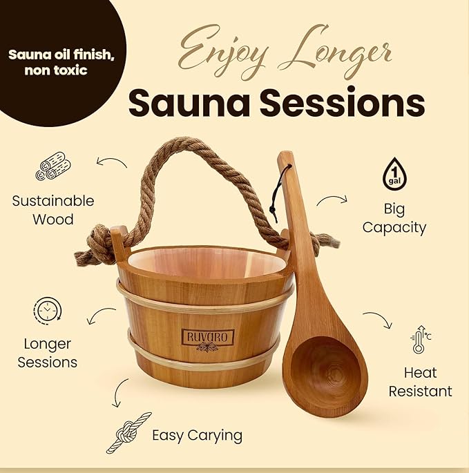 Sauna Bucket and Ladle Set – Handcrafted from Canadian Red Cedar Wood – 1 Gallon (4Liters) Water Capacity – Leakproof Liner – Natural Rope Handle - Luxury Sauna Accessories Set