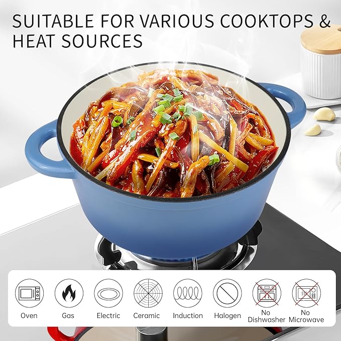 6 Quart Enameled Cast Iron Dutch Oven Pot with Lid and Silicone Accessories, Oven Safe up to 500°F or on Stovetop, Non-stick Dutch Oven for Bread Baking, Cooking, Dual Handles Cookware, Light Blue
