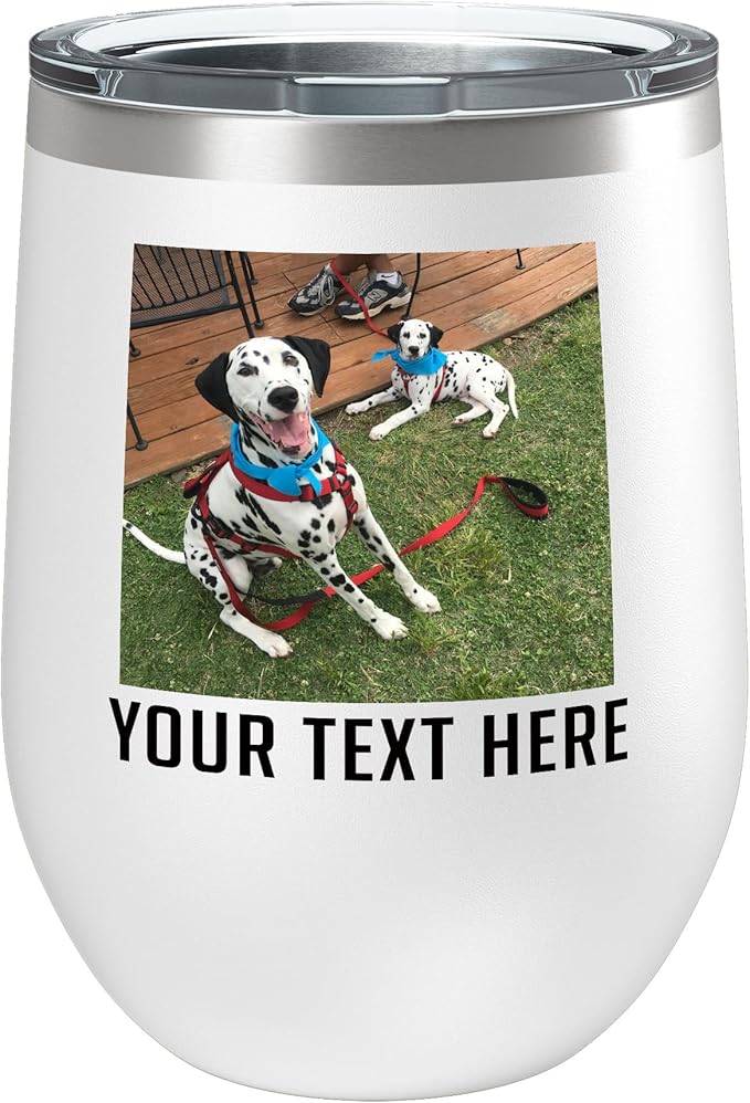 Personalized Mothers Day 12oz Photo Picture Printed Insulated Stainless Steel Powder Coated Stemless Wine Tumbler with Lid, Customized Mum Gift Idea for Her, Custom Mom Coach Gifts Team (White)
