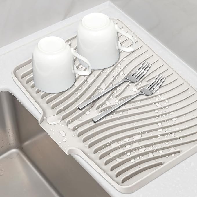 Silicone Dish Drying Mat for Kitchen Counter, Dish Drying Pad, Non-Slip Drain Pad with Built-in Drain, Heat Resistant Stone Drying Mat(15.8" x 13", Cream)