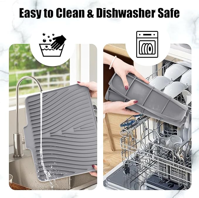 Dish Drying Mat, Stone Drying Mat for Kitchen Counter with Built-in Drain, Non-Slip Drying Matt Kitchen Counter, Heat Resistant Silicone Drying Mat, 2 Pcs(15.8"X 13", Grey)