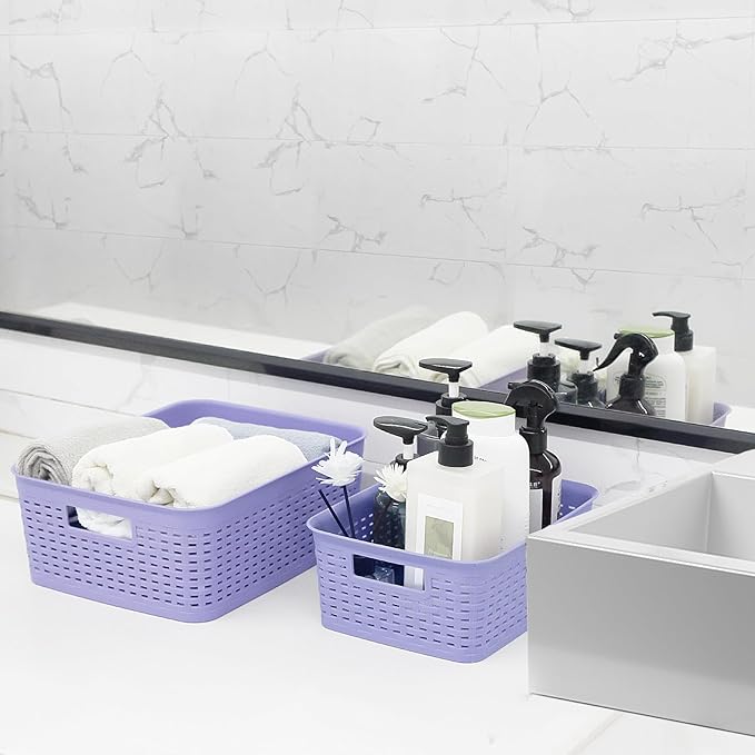 Plastic Storage Baskets for Cabinets, Household Pantry Organization with Handle,Organizer Bins for Room,Bathrooms,Under-Sink,Kitchen (Purple, S-3PACK)