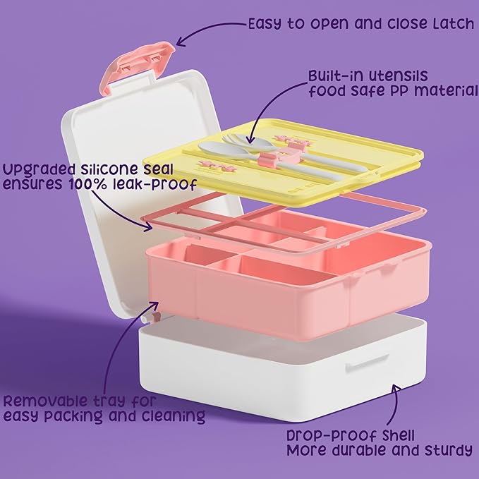 Fimibuke Bento Lunch Box for Kids, Leak Proof Toddler Bento Box with 4 Compartments BPA Free Dishwasher Safe Lunch Container with Utensils, Ideal Portion Sizes for Ages 3-12 Girls Boys for School
