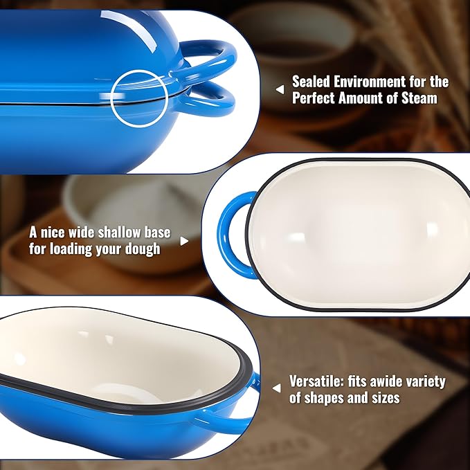 5 QT Oval Dutch Oven for Bread Baking, Enamelled Cast Iron Bread Oven for Sourdough, Sourdough Loaf Pan with Lid, Heavy-Duty Non Stick Bread Pan for Homemade Bread Baking, Blue