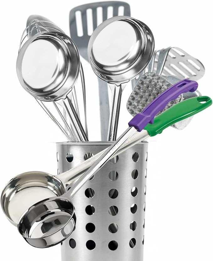 2 Pack Solid Food Portioner, 4-Ounce Medium – Stainless Steel Serving & Cooking Spoon with Purple and Green Handle for Soup, Sauce, Gravy, Kitchen or Food Prep