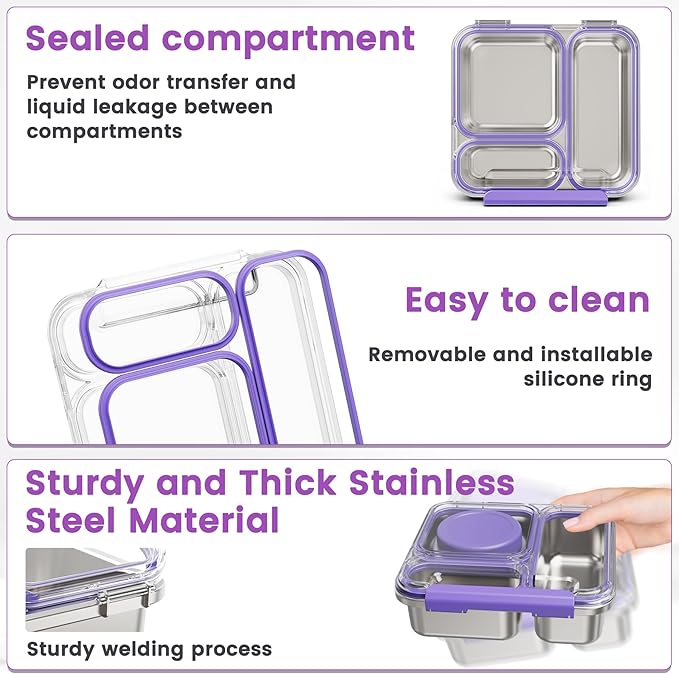 Stainless Steel Bento Box Kids Adult with 7oz Soup Thermo, Transparent Lid 3 Compartments Metal Bento Lunch Box with Insulated Food Jar,Lunch Box Container Sauce Cup for School,BPA-Free(Purple)