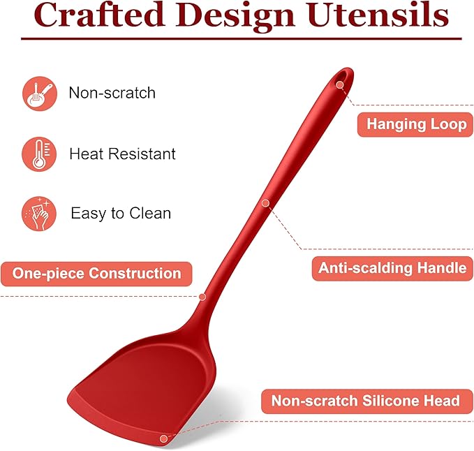LIANYU 8-Piece Kitchen Utensils Set, Silicone Cooking Utensil Spatula Sets, Heat Resistant Cooking Gadgets Tools Set for Non-stick Cookware, Dishwasher Safe, Red
