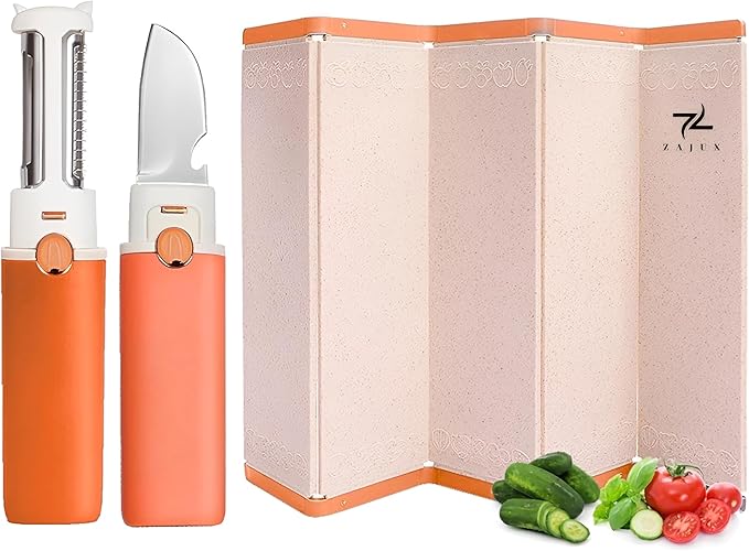 Foldable Cutting Board Great for Fruits-Veggies, Includes Built-in Peeler, Grater and Small Knife with Bottle Opener, Ergonomic Design for Kitchen and Travel, Color May vary on Green or Orange.