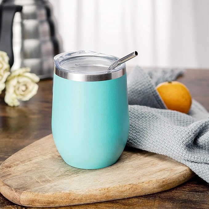 COMOOO 16 Pack Stainless Steel Wine Tumbler with Lid and Straw 12oz Double Wall Vacuum Insulated Travel Tumbler Cup for Hot and Cold Drinks, Coffee, Wine, Cocktails, Ice Cream Cup, Blue