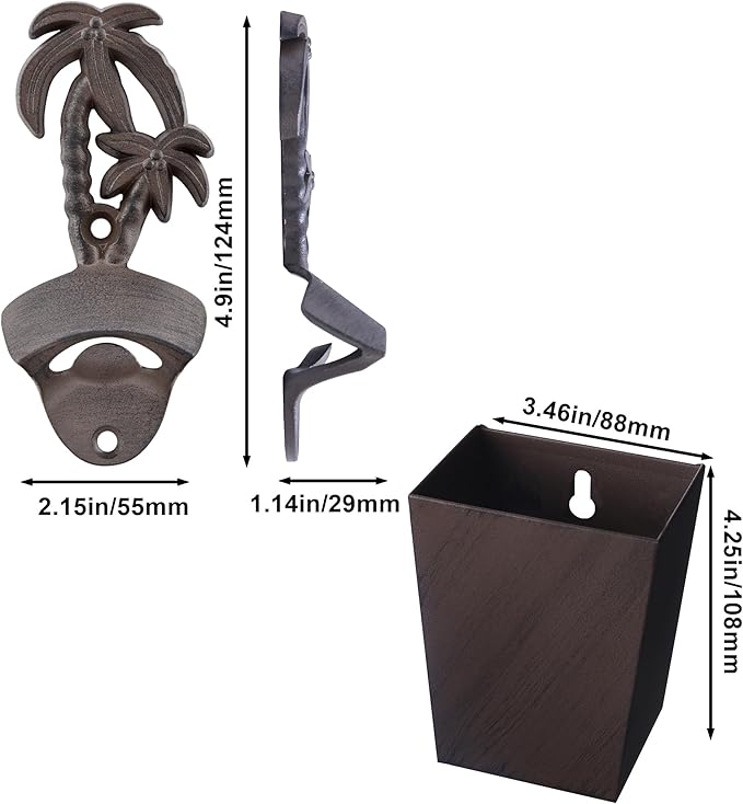 Rustic Bottle Opener Wall Mounted Palm Tree Stainless Vintage Mountable Beer Soda Top Opener with Cap Catcher Drained Outdoor for Gift (Brown)
