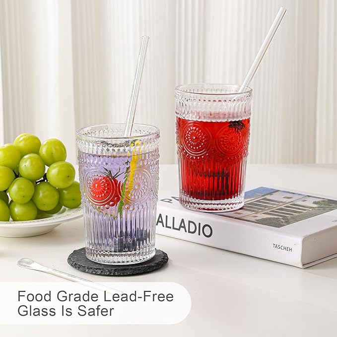 Vintage Glassware Drinking Glasses Set of 6,13 oz Clear Textured Flower Design Glass Water Tumblers，Embossed Striped Drinkware for Water,Cocktails,Juice,Iced Coffee