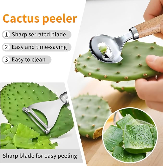 Cactus Peeler Tool, 2 Pcs Stainless Steel Cactus Paring Knife and Peeler Spoon Long Handle Slicing Noodle Cutter with Hole for Cactus Kitchen Cooking Noodles