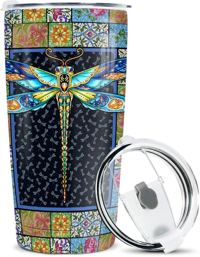 winorax Dragonfly Tumbler Stainless Steel Insulated 20oz Cup Mosaic Drawing Style Coffee Travel Mugs Tumbler With Lid Inspiration Gifts For Women Girls Christmas Birthday Gift
