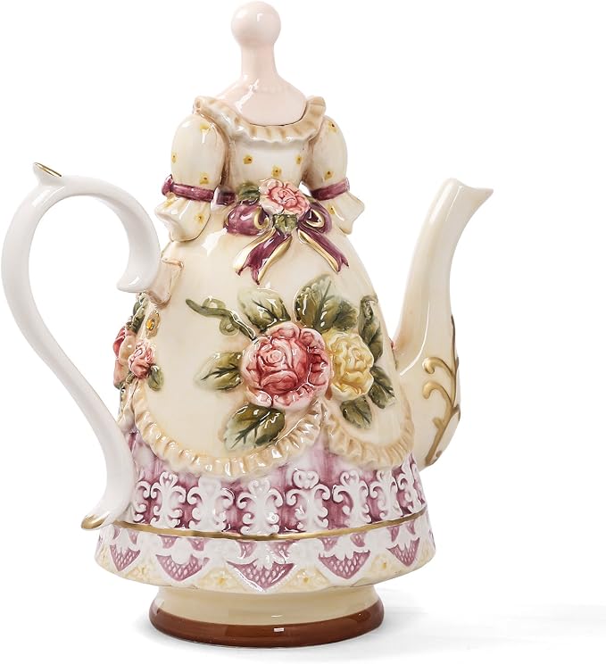Large Ceramic Teapot and Coffee Pot with Lid, 3D Embossed Victoria Pink Rose Flowers Decorative Teapot(Red）