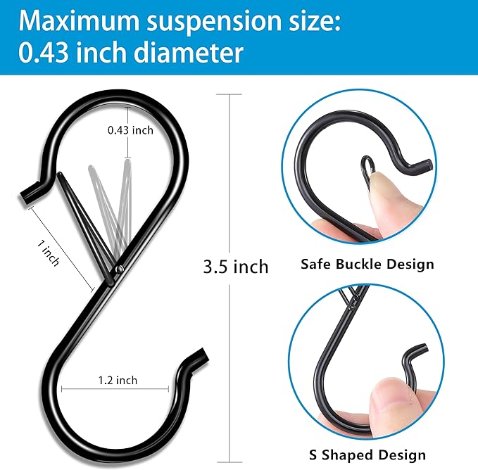 17 Pcs S Hooks for Hanging Safety Buckle, 3.5 Inch Stainless Steel S Shaped Locking Hooks for Colleague Dorm, Kitchen, Plants Pots Towels Bags, Black