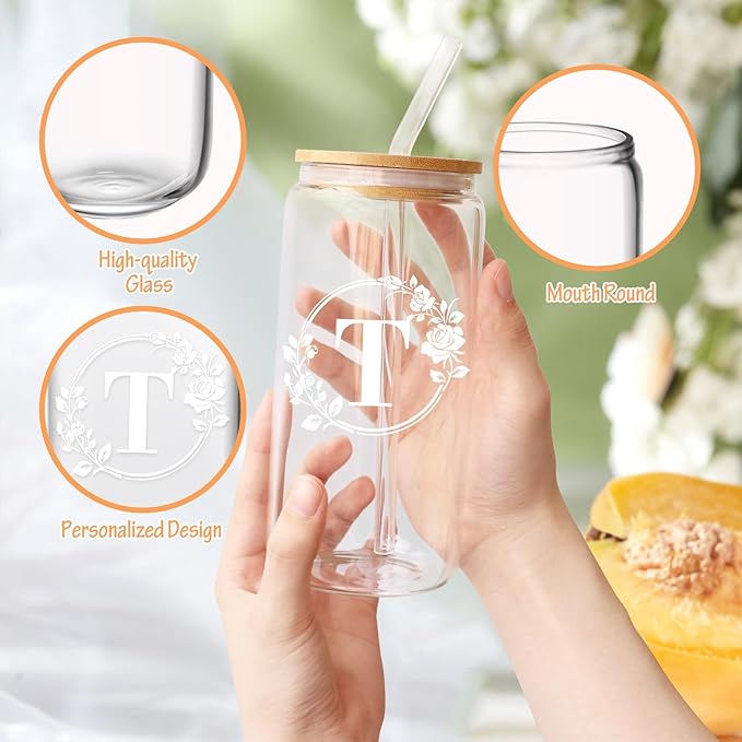 Birthday Gifts for Women, Monogrammed Initial Glass Cup Personalized Gifts for Women, 16oz Glass Cups with Lids and Straws, Iced Coffee Cup, Beer Can Shaped Glass - Gifts for Christmas, Birthday, T