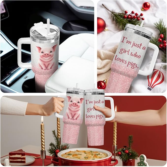 34HD Just A Girl Who Loves Pigs Tumbler with Handle and Straw, 40oz Vacuum Insulated Pig Cup, Pigs Gifts for Women Birthday Mothers Day Christmas, Farm Animal Gifts, Pink Pig Gift Ideas
