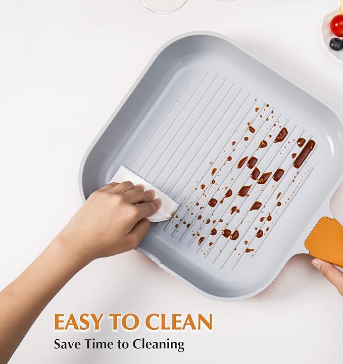 KOCH SYSTEME CS 11 Inch Nonstick Grill Pan for Stove Tops, Square Griddle Pan with Pour Spouts, Grill Pan for Indoor Cooking, Grill Skillet with Bakelite Handle, PTFE & PFOA Free, Orange