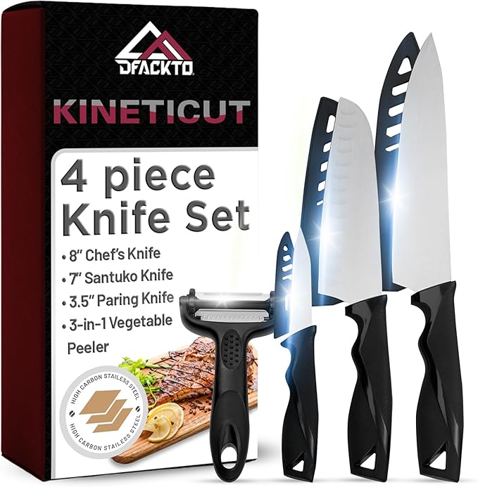 DFACKTO 4-Piece Kitchen Knife Set with Vegetable Peeler without Block – Stainless Steel Knives for Kitchen, Dishwasher Safe Cooking Knife Set with Covers, Sharp Cutting Knives for Cooking – Black