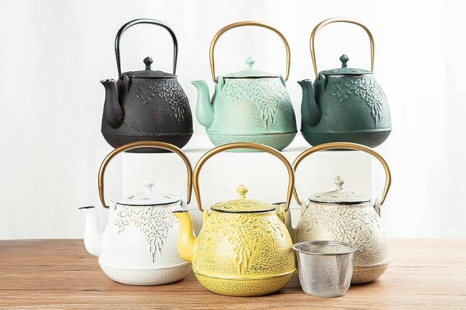 TOPTIER Japanese Cast Iron Tea Kettle with Infuser,Teapot Stovetop Safe, Leaf Design , Coated with Enameled Interior for 32 Ounce (950 ml), White