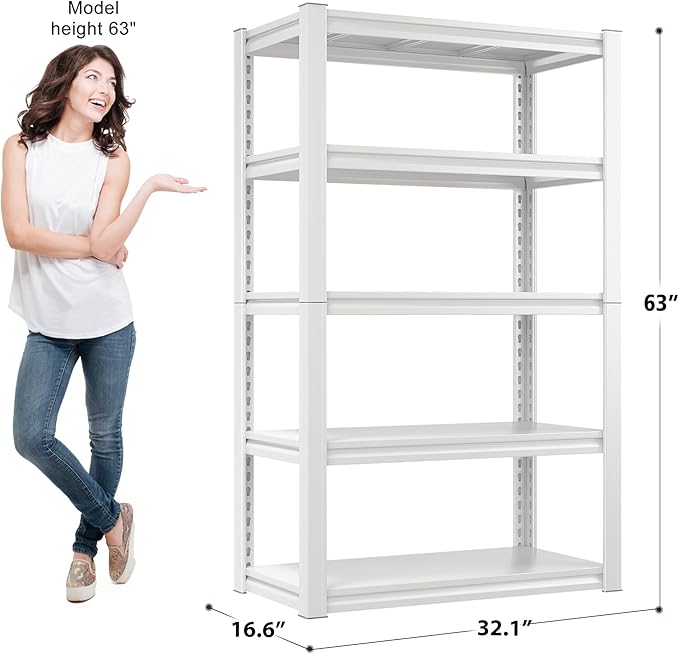 Raybee Garage Shelving Heavy Duty White Garage Storage Shelves 2010LBS Adjustable Heavy Duty Metal Shelving 5 Tier Metal Shelves for Kitchen Pantry 63" X 32.1" X16.6", 2 Pack