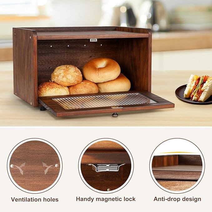 Sunhoo Bread Box for Kitchen Countertop Storage Wooden Breadbox Holder Container Morden Rustic Fresh Bread Keeper Farmhouse Stackable Organizer Bin for Homemade Food Shelf Acrylic Window (Grey)