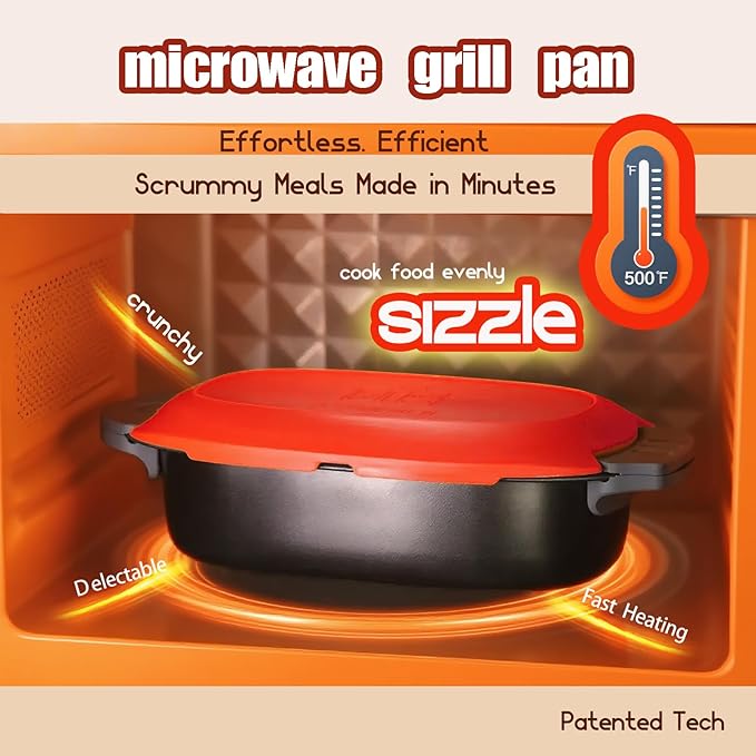 Quick-Heat Microwave Grill Pan & Bacon Cooker | The Perfect Kitchen Addition for Single Servings & Fast Family Sides.Compact Multi-Use Microwave Cookware with Lid for Chicken, Veggies,Pancakes | Dishwasher Safe,Portable for Kitchen, RV, Dorm, Office(Red)