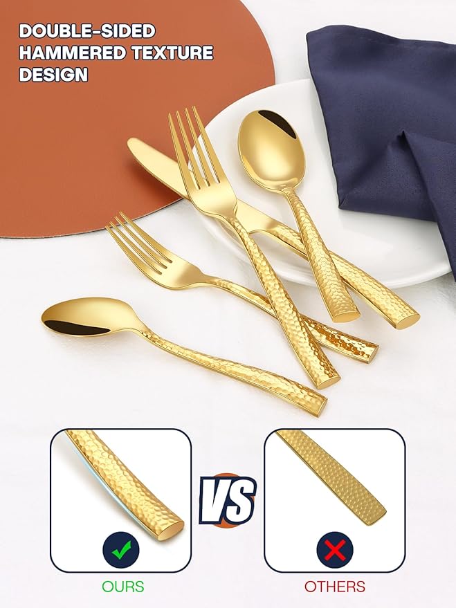 Stapava 48 Pc Gold Hammered Silverware Set with Steak Knives, Stainless Steel Gold Utensils Cutlery for 8, Mirror Flatware Include Forks, Spoons and Knives for Home, Hotel; Dishwasher Safe