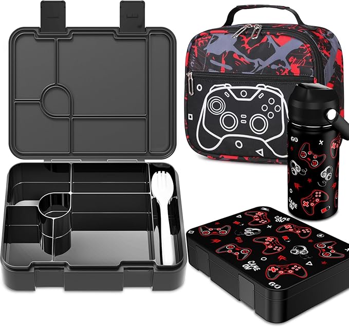 Bevalsa Kids Bento Lunch Box with 6 Compartment, Stainless Steel Metal Water Bottle, Insulated Bag & Utensils, BPA-Free Leakproof Food Container for School Boys Girls, Back To School Gift