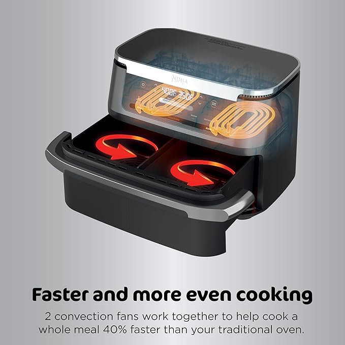 Ninja Foodi 6-in-1 FlexBasket Air Fryer with 7-QT MegaZone & Basket Divider for Large Proteins & Full Meals, Smart Finish Cook 2 Foods 2 Ways, Family Sized Capacity, Air Fry, Roast & More, Black DZ071