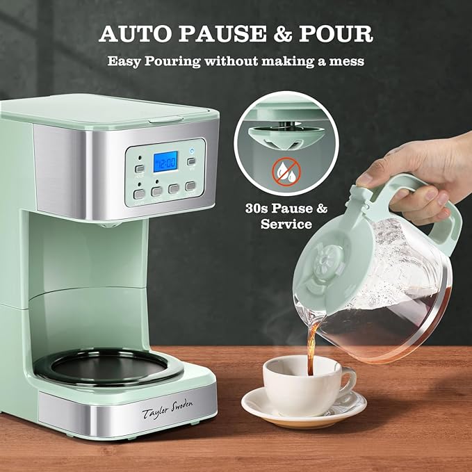 Taylor Swoden 12-Cup Programmable Coffee Maker, Regular & Strong Brew Drip Coffee Machine for Home and Office, Glass Carafe, Pause & Serve, Auto Shut Off, Green & Stainless Steel