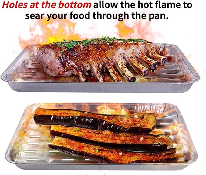 MILANGE Disposable Aluminum Grill Liner Topper with Holes 20 Pack Aluminum Foil Grill Pans (13.40 Inch) BBQ Grilling Tray Broiler Pans with Ribbed Bottom Surface