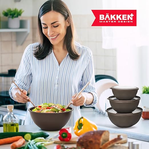 12 Piece Plastic Nesting Bowls with Lids - Mixing Bowls Set includes 6 Prep Bowls and 6 Lids, BPA-Free, Reusable Meal Prep Containers, Microwave, Freezer & Dishwasher Safe, Brown