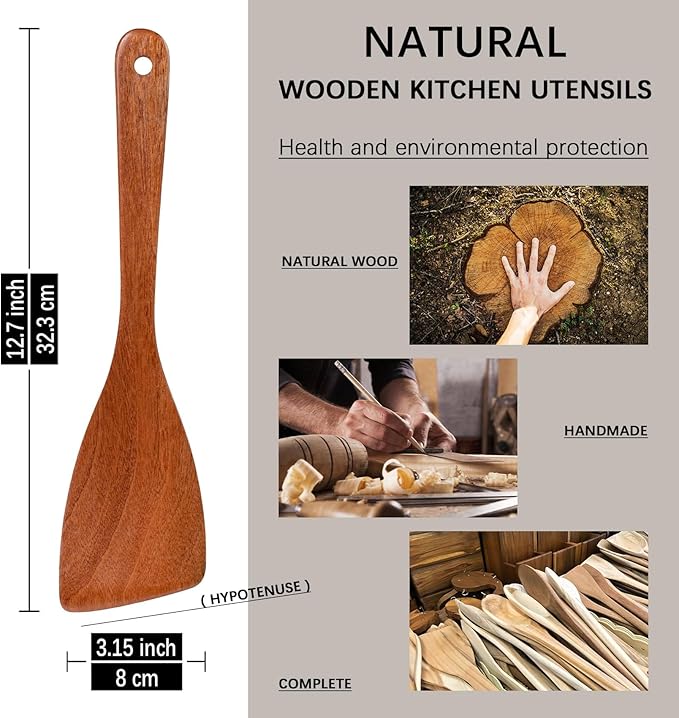 2PCS Wooden Spatulas for Cooking, 12.8inch Coated Sapele Wood Turners for Frying, Non-Scratch Bevel Spurtle for Pan & Wok, Wooden Cooking Utensils for Non Stick Cookware, Long Handle Scraper