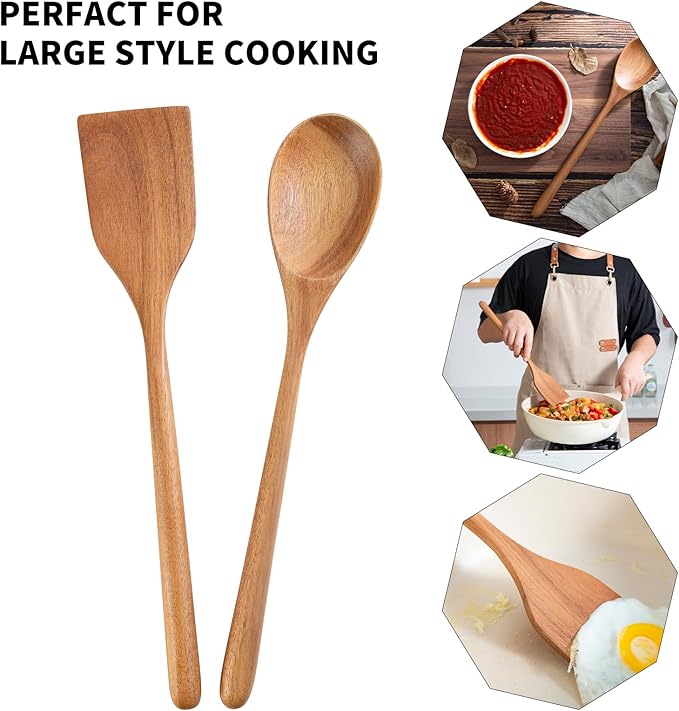 2PCS Long Handle Gigantic Spatula Spoon Premium Acacia Wooden Spoons For Cooking 17''Large Soliod Wooden Cooking Spoons Smooth Finish in Large Style Cooking Kitchen Utensil Set