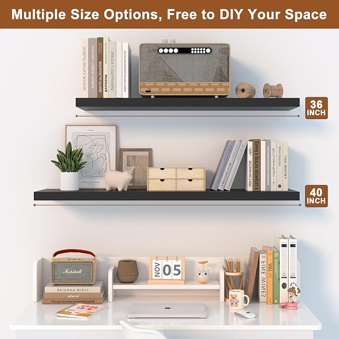 12 Inch Deep Floating Shelves for Wall 2 Pack Floating Shelfs Large Storage Space Wall Decor Display Shelf for Bathroom Living Room Bedroom Kitchen 48" W x 12" D x 1.2" H Black
