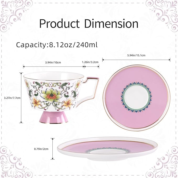 KAMMAK Ceramic Coffee Cups Saucers Set of 2, Porcelain Espresso Cups with Saucers, 8.12 oz Handcrafted Elegant Bone China Tea Cups, Lotus Floral Pattern Teacup for Party, Office, Women Gift
