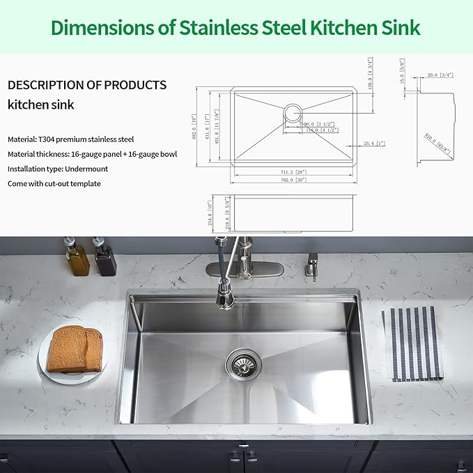 Undermount Kitchen Sink, 30 x 19 Inch Sink Kitchen 16 Gauge Stainless Steel Kitchen Sinks Single Bowl Workstation Sink with Cutting Board