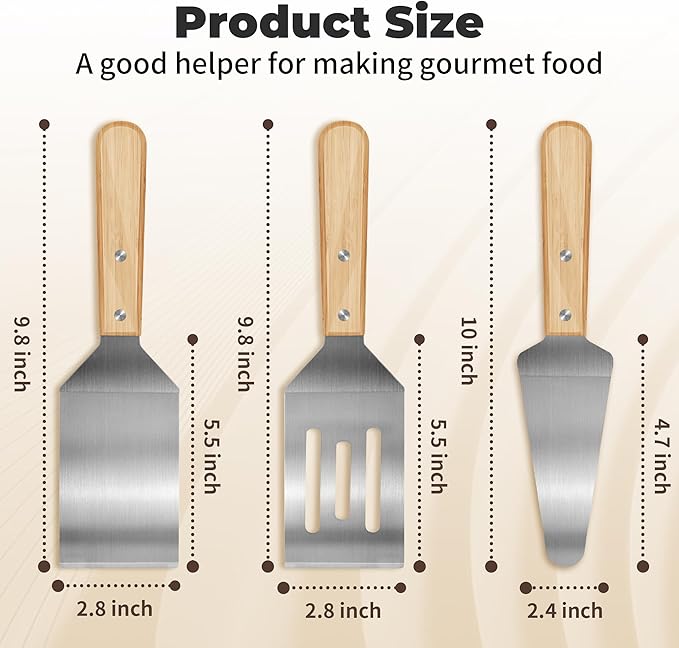 3 Pieces Stainless Steel Spatula Set,Metal Spatula for Cast Iron Skillet,Metal Spatula for Cooking with Wooden Handle,Metal Spatulas for kitchen use for Pancakes,Frying steak,Burger and Desserts