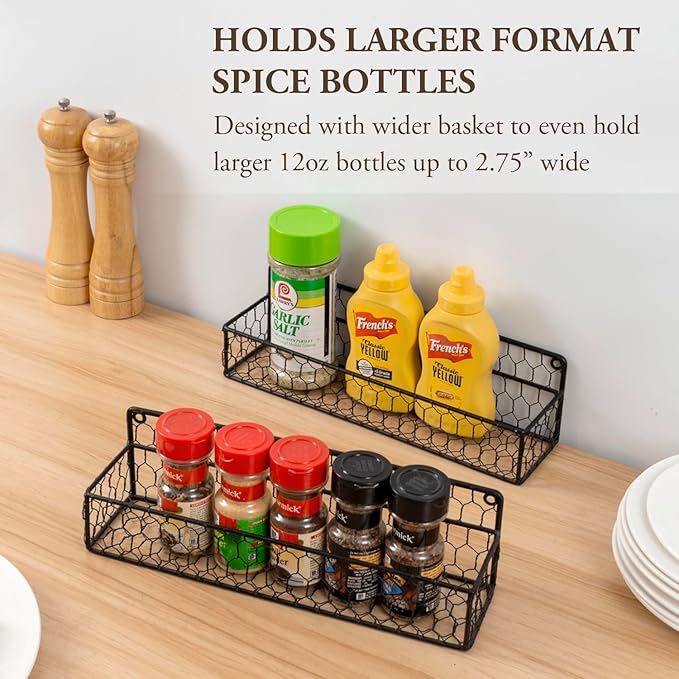 MyGift 2 Pcs Spice Rack Wall Mount, Small Seasoning Shelf Organizer, 12-Inch Chicken Hanging Kitchen Condiment Storage Display, Black Wire