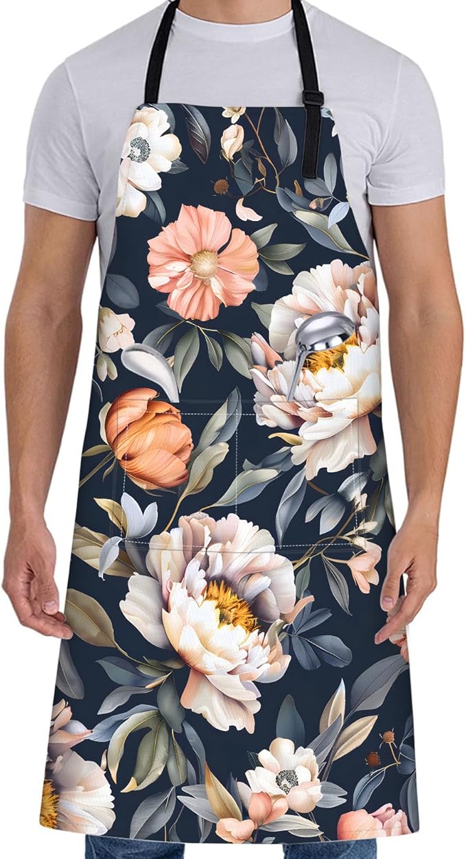 Floral Apron for Women with Peony,28x33in,Dark Romantic Garden Kitchen Aprons with 2 Pockets, Oxford Fabric,Flower Adjustable Apron for Cooking Baking Gardening Chef,Gifts for Mom Wife