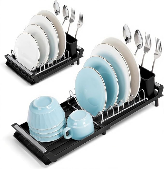 Small Expandable Dish Drying Rack – Compact & Space-Saving – No Spout, No Leaks – Durable, Rust Resistant & Easy to Clean – Ideal for Kitchens, Apartments & RVs – Extend 10.9 to 18.6 inches (Black)