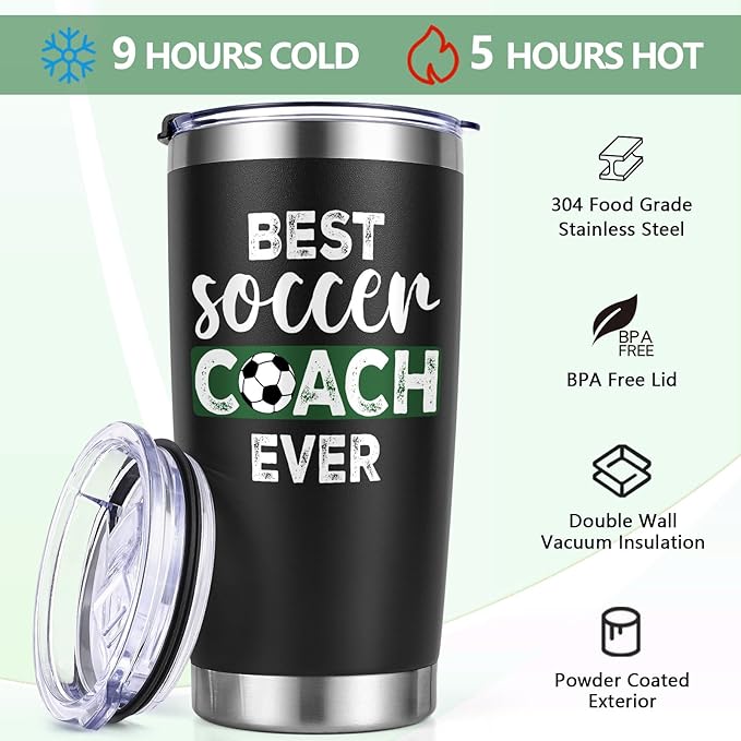 Lifecapido Soccer Coach Gifts, Best Soccer Coach Ever 20oz Insulated Tumbler, Coach Appreciation Gifts Thank You Gift Birthday Christmas Gift for Men, Black