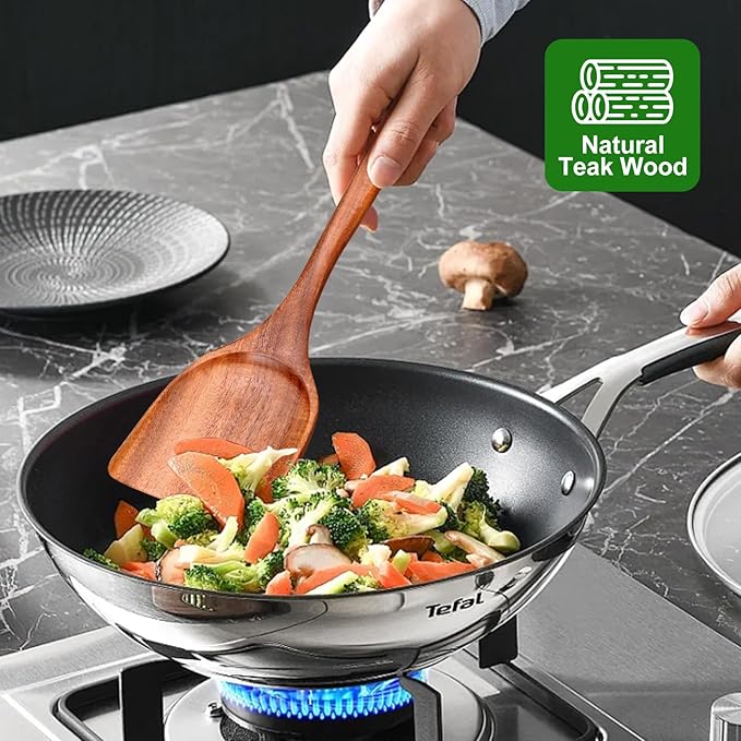 Wooden Kitchen Utensils Set 5 Piece Teak Wood - Non Scratch & Non Toxic Cooking Tools with Turner, Slotted Spatula, Angled Spatula, Serving Spoon, Salad Spoons