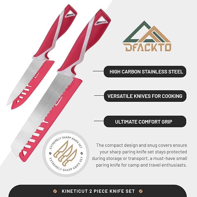 DFACKTO 2-Piece Serrated Knife Set – Stainless Steel Kitchen Cooking Knives w/Protective Covers, Dishwasher Safe, No Block, Sharp Cutlery for Slicing Bread, Cooking Fruit & Steak w/Sheath - Magenta