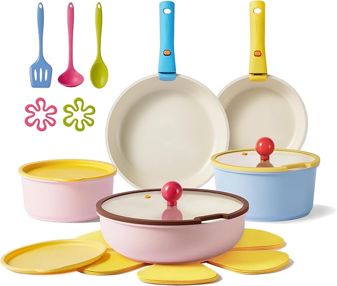 CAROTE 20pcs Ceramic Cookware Set Detachable Handle, Pots and Pans Set Nonstick, Induction Cookware with Removable Handle, RV Dishwasher ＆ Oven Safe, PFOA Free