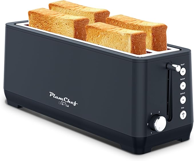 4-Slice Toaster, Extra Wide Long Slot Toaster with Warming Rack, 6 Browning Settings, Bagel/Defrost/Reheat Functions, Removable Crumb Tray, Stainless Steel Housing,Black