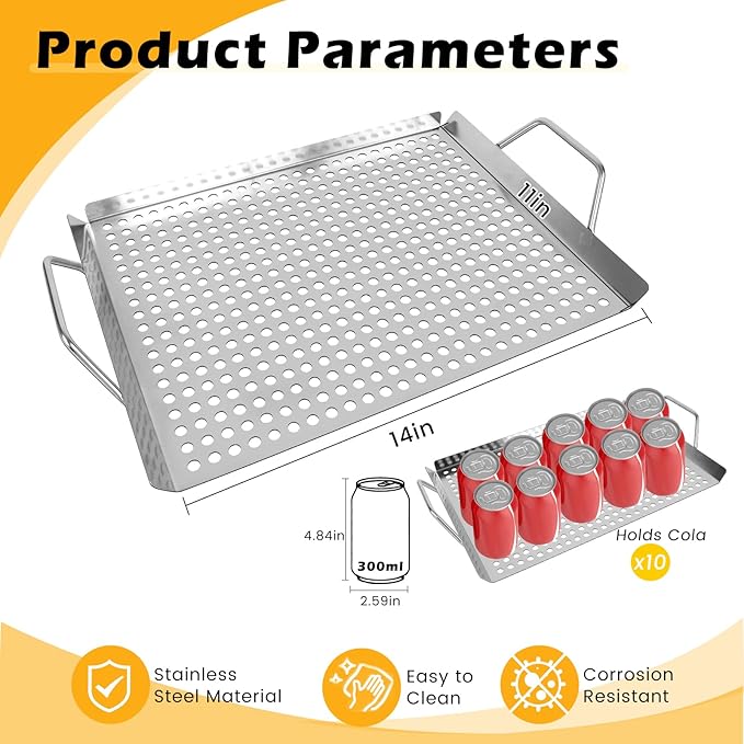 11 x 14 Inch Nonstick Grill Tray with Handles,Perforated Stainless Steel Grill Pans for Outdoor Grill,Heavy Duty Grilling Accessories for Charcoal Gas Grills,Easy to Use and Clean (11 * 14)