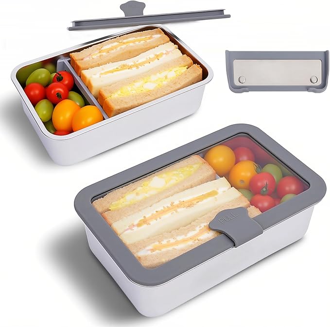 KEKEGO Lunch Box, Premium Stainless Steel Bento Box, Leakproof Lunch Box for Adults Food Storage, 42oz/1.25L with Glass Lid, Microwave & Dishwasher